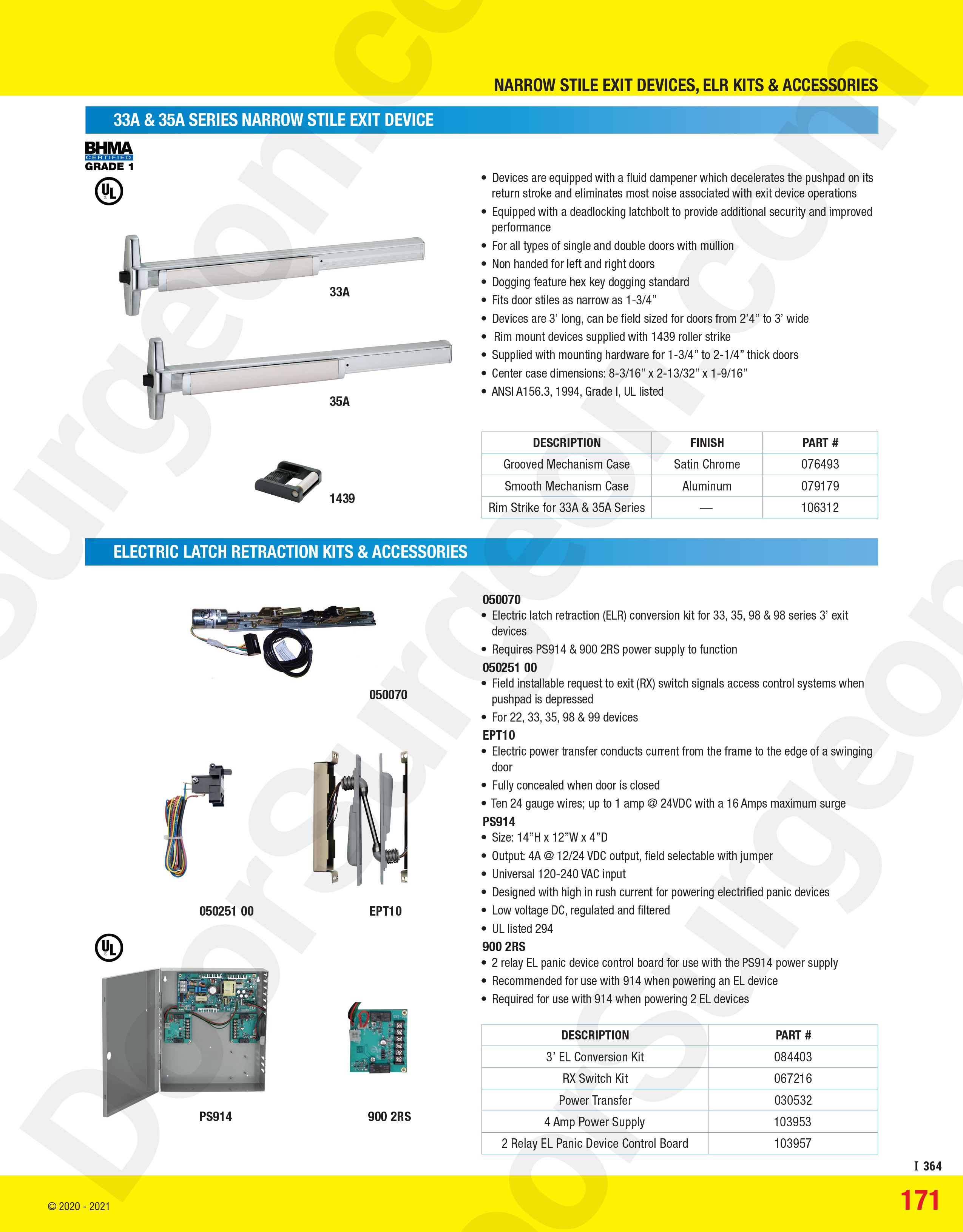 Narrow stile exit devices electronic latch retraction kits and accessories.